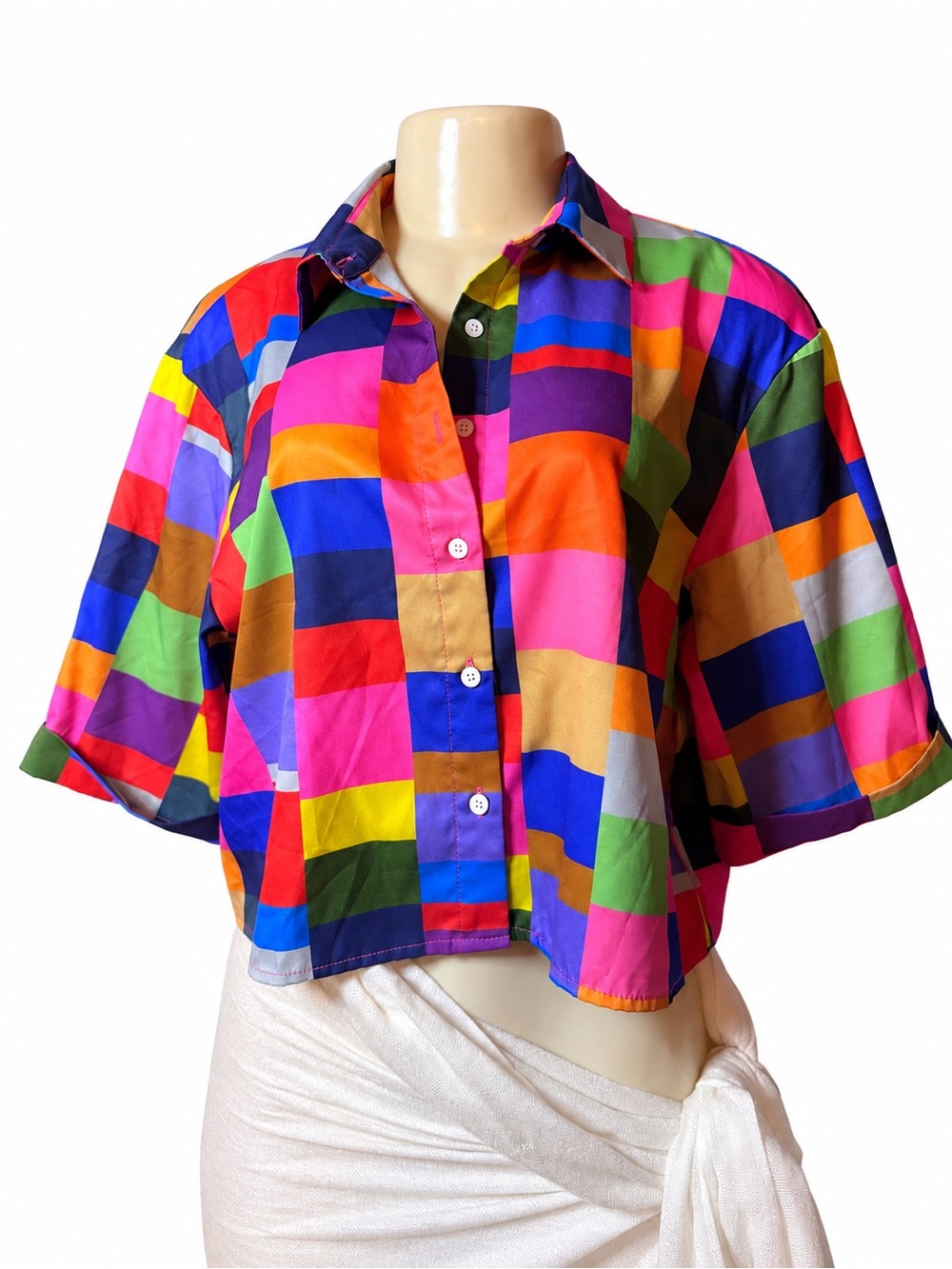 Multicolor Patchwork Button-Front Crop Shirt - Women